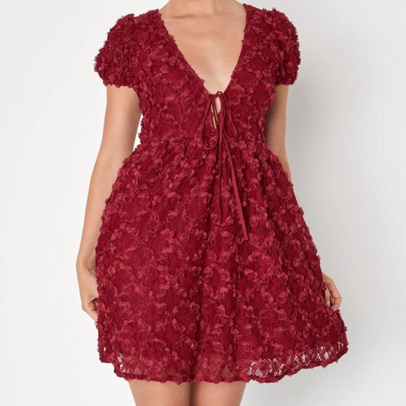 Lulus NWT Burgundy Lace Dress L | 3D Floral Appliqué Wedding Guest Outfit - Picture 5 of 15